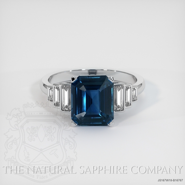 Greenish Blue Sapphire Ring Emerald Cut 3.57 Ct. 18K White Gold