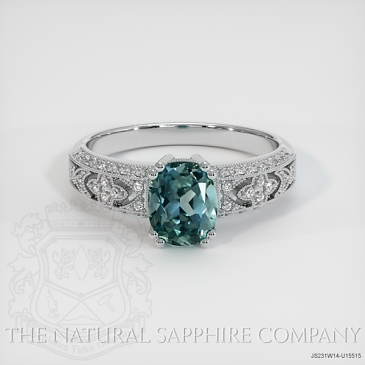 Image of Greenish Blue Sapphire Ring - Cushion 1.53 Ct. - 14K White Gold - #JS231W14,U15515